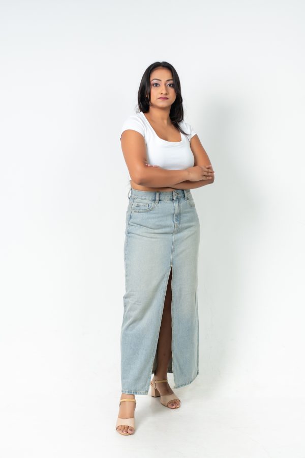 High-Waist Light Blue Denim Maxi Skirt