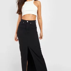 High-Waist Black Denim Maxi Skirt