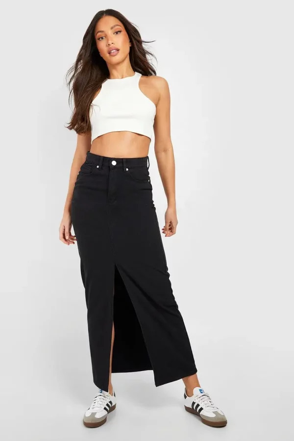 High-Waist Black Denim Maxi Skirt