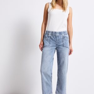 Light Blue Elastic Waist Straight-Leg Denim Jeans