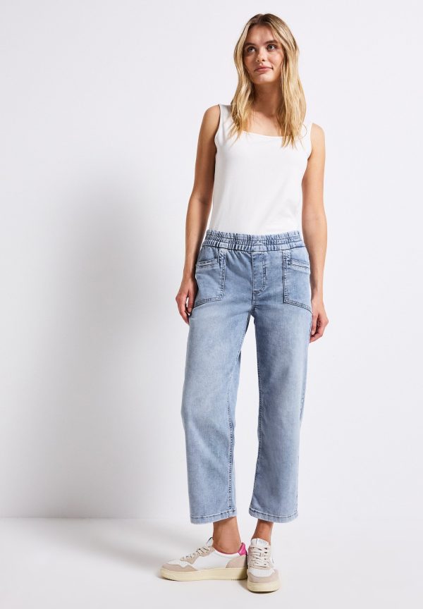 Light Blue Elastic Waist Straight-Leg Denim Jeans
