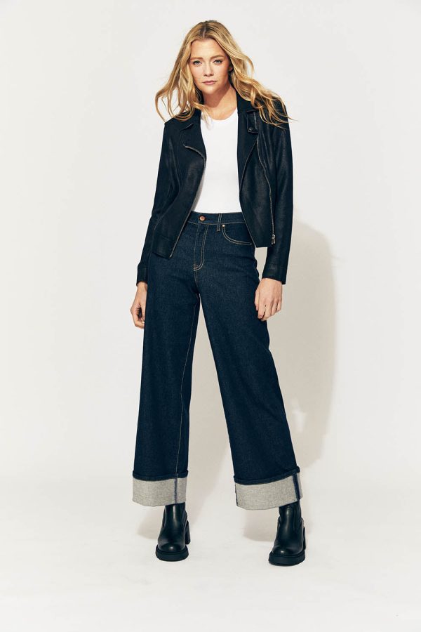 High-Waisted Wide Leg Cuffed Jeans – Dark Blue