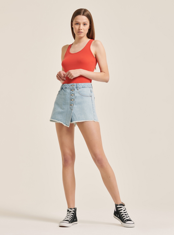 High-Waisted Denim Skort – Light Blue