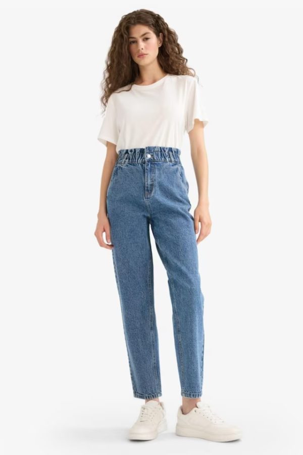 Elastic High Waisted Baggy Jean-Light Blue